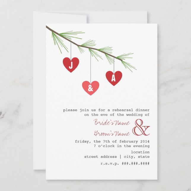 Pine Bough & Hearts Probe Abendessen Einladung (Vorderseite)