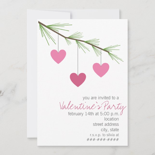 Pine Bough & Pink Hearts Valentins Party Einladung (Vorderseite)