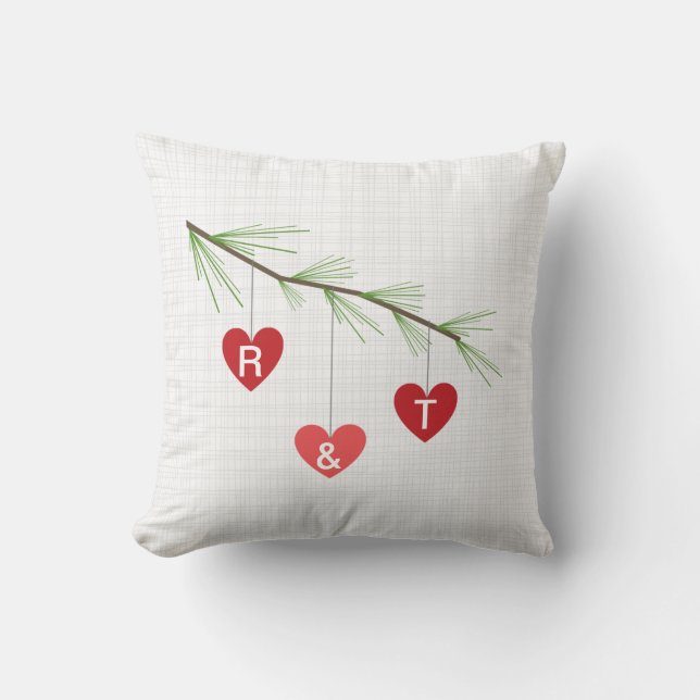 Pine Bough & Red Hearts Monogram Valentine Coussin (Recto)