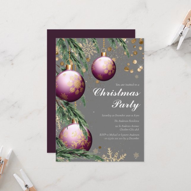 Pine Boughs & Baubles Weihnachtsfeier Party Einlad Einladung (Vorderseite/Rückseite Beispiel)