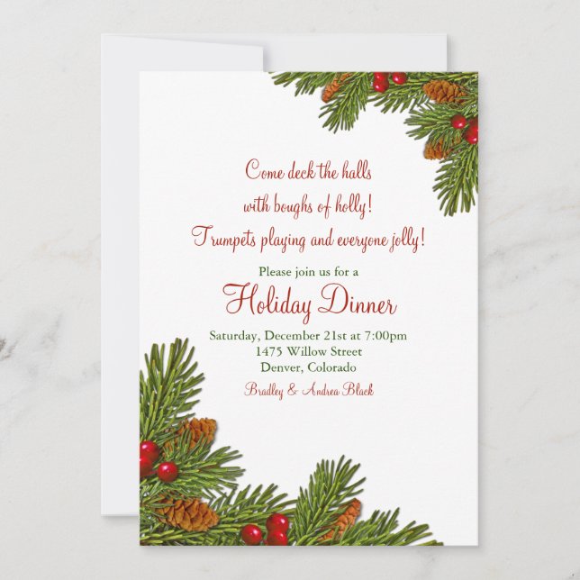 Pine Boughs Holly Christmas Holiday Party Einladung (Vorderseite)