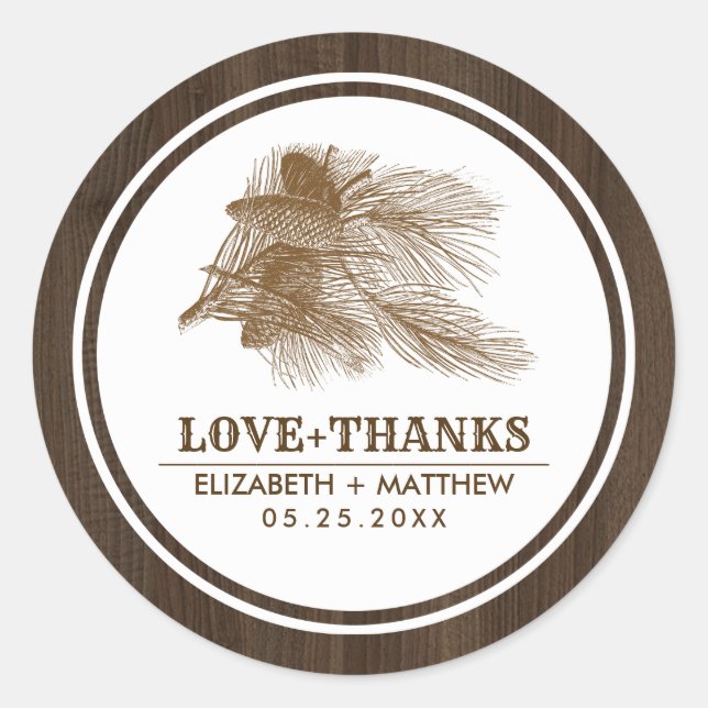 Pine Branch Barn Wood Farm Hochzeitsticker Runder Aufkleber (Vorderseite)