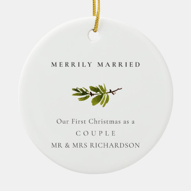Pine Branch Erstes Weihnachtsfest Foto Merrily Ver Keramik Ornament (Vorne)