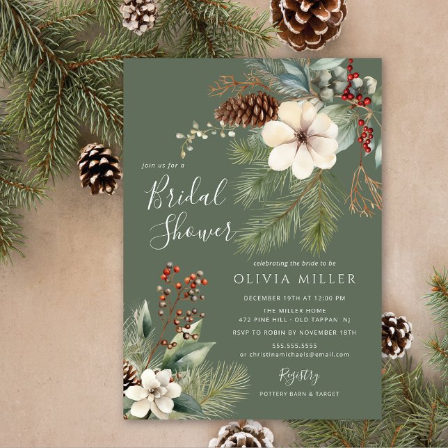 Pine Branch Winter Botanical Bridal Shower  Einladung (Von Creator hochgeladen)