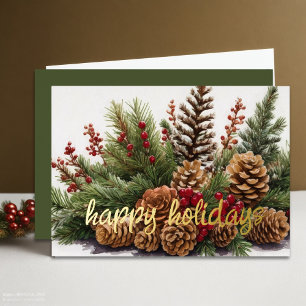 Pine Cone Evergreen Red Berries Rustikal Folien Feiertagskarte