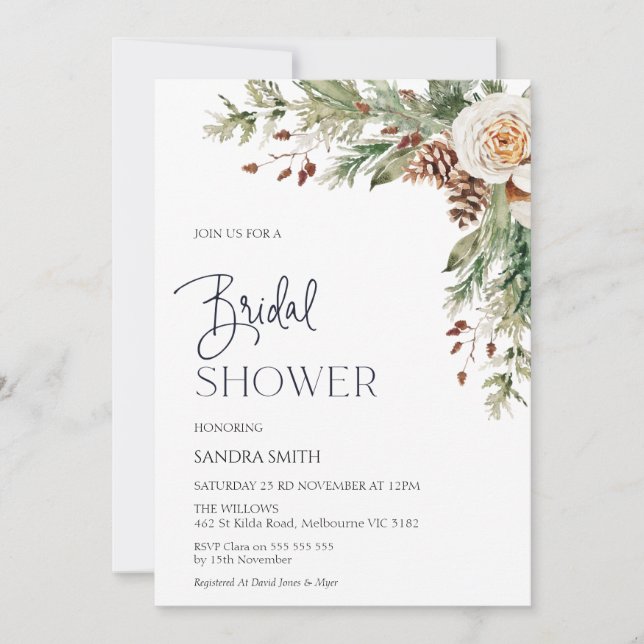 Pine Cone hiver Floral Bridal Showboat Invitation (Devant)