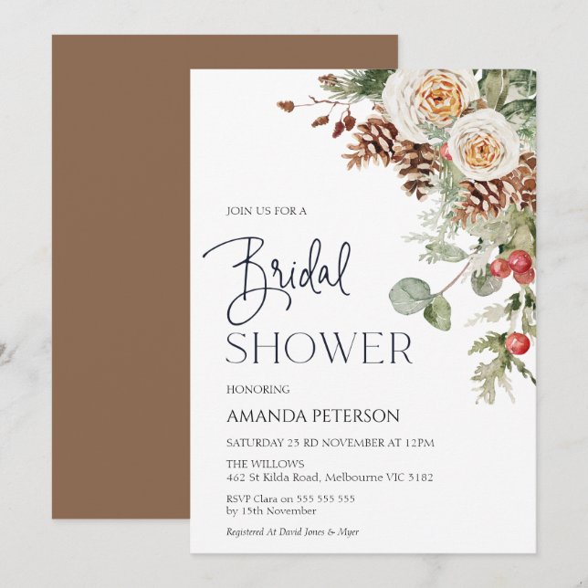 Pine Cone hiver Floral Bridal Showboat Invitation (Devant / Derrière)