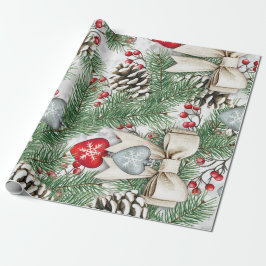 Pine Cone Holly Berries Christmas Design Geschenkpapier