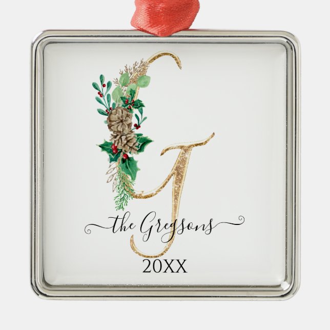 Pine Cone Holly Gold Glitzer Monogram G Ornament Aus Metall (Vorne)