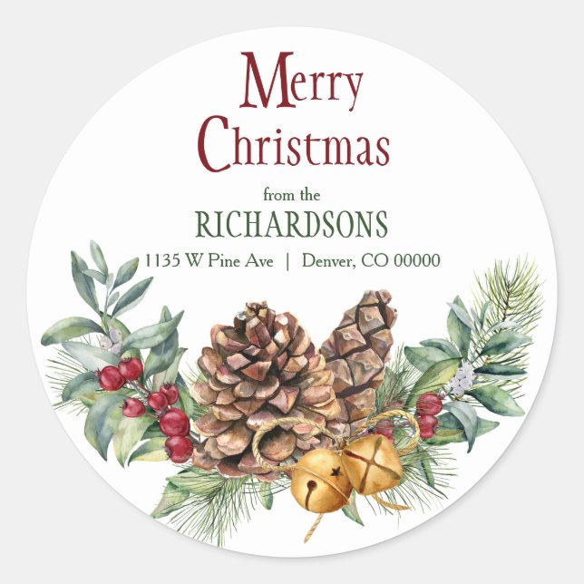 Pine Cone Jingle Bells Christmas Rücksendeadresse Runder Aufkleber (Vorderseite)