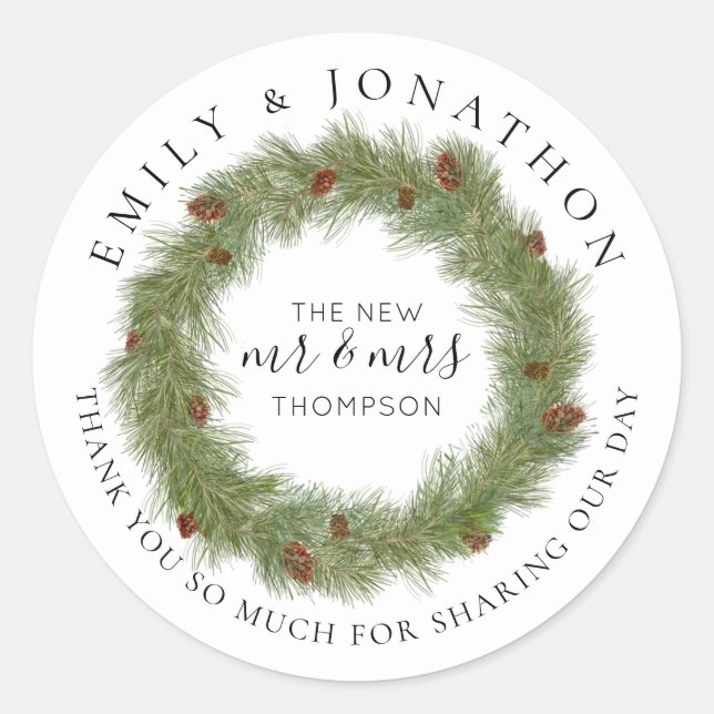 Pine Cone Wreath Names Christmas Danke Runder Aufkleber (Vorderseite)