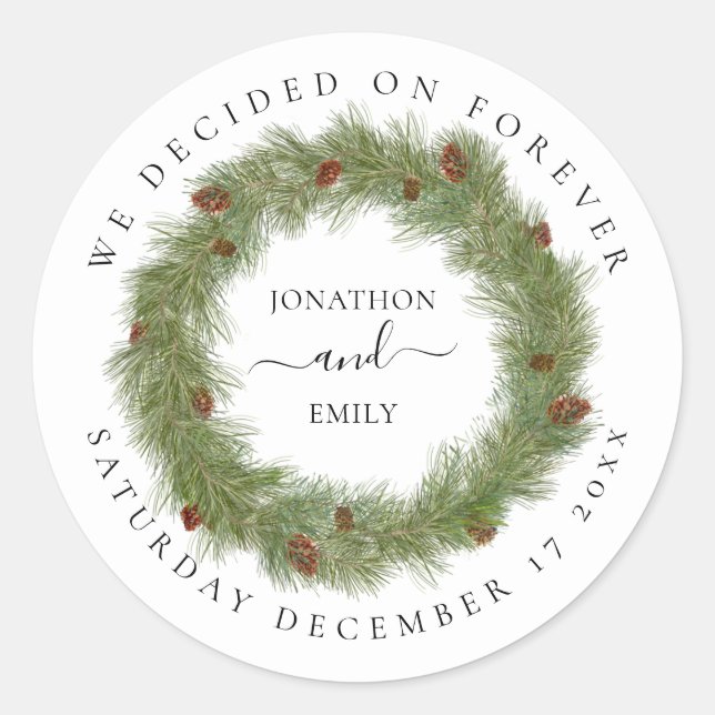 Pine Cone Wreath Wedding Datum für immer festgeleg Runder Aufkleber (Vorderseite)