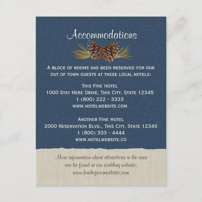 Pine Cones and Burlap Info Card Navy Blue Begleitkarte (Vorderseite)