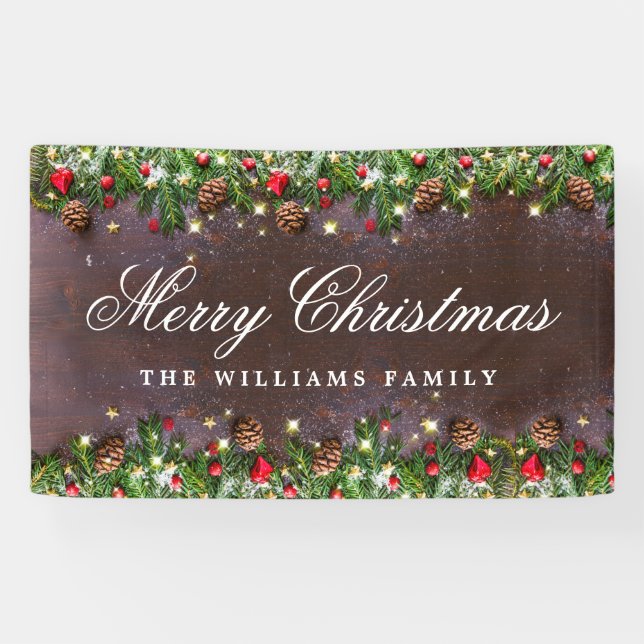 Pine Cones Branch Rustic Wood Frohe Weihnachten Banner (Horizontal)
