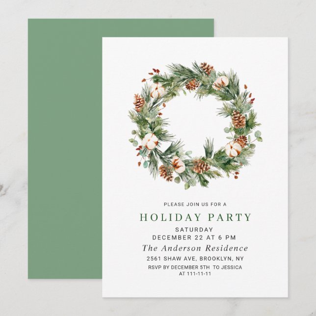 Pine Cones Fir Wreath Holiday Weihnachts-Party Einladung (Vorne/Hinten)