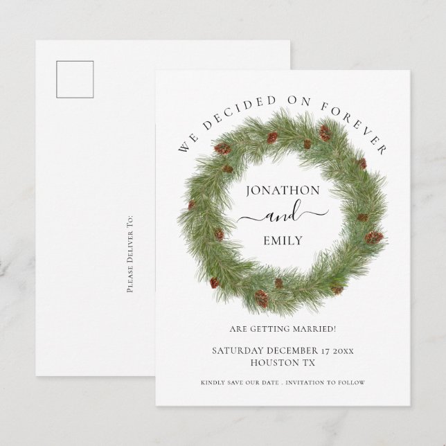 Pine Cones Foliage WeihnachtsWedding Save the Date Ankündigungspostkarte (Vorne/Hinten)