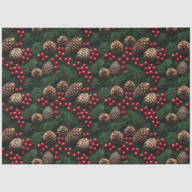 Pine Cones Holly Berries Spruce Sprig Muster Seidenpapier (Vorderseite)