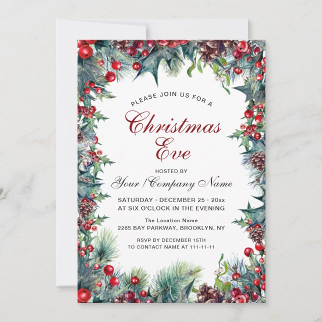 Pine Cones Holly Wreath Christmas Eve Party Einladung (Vorderseite)