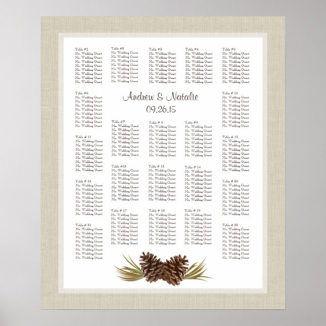 Pine Cones Light Burlap Wedding Chart Poster (Vorne)
