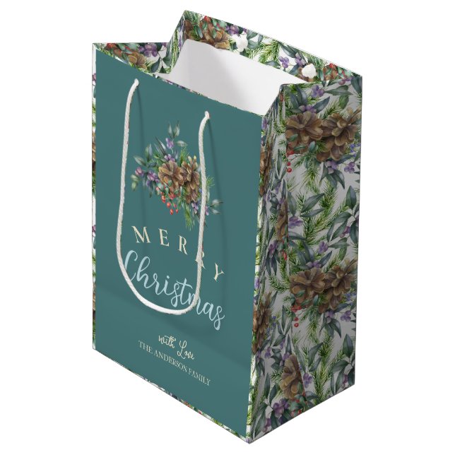 Pine cones Muster Frohe Weihnachtsblumen Mittlere Geschenktüte (Vorderseite Schrägansicht)