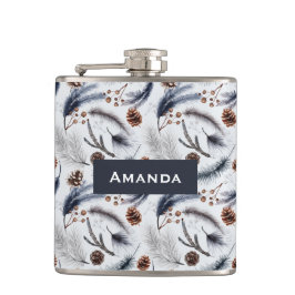 Pine Cones & Pine Needles Wasserfarbenes Muster Flachmann