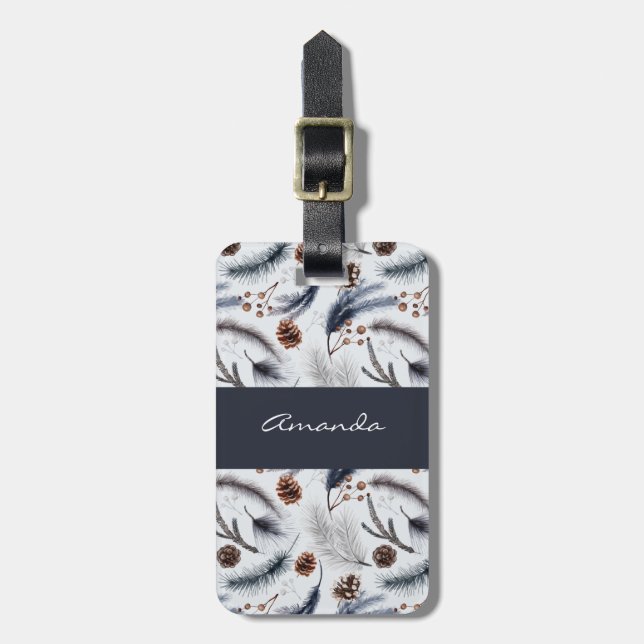 Pine Cones & Pine Needles Wasserfarbenes Muster Gepäckanhänger (Vorderseite vertikal)