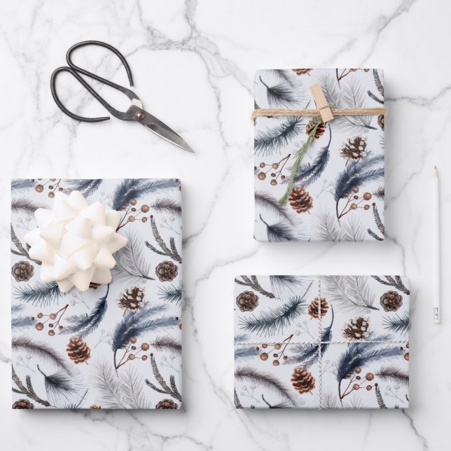 Pine Cones & Pine Needles Weihnachtsmuster Geschenkpapier Set (Vorderseite)