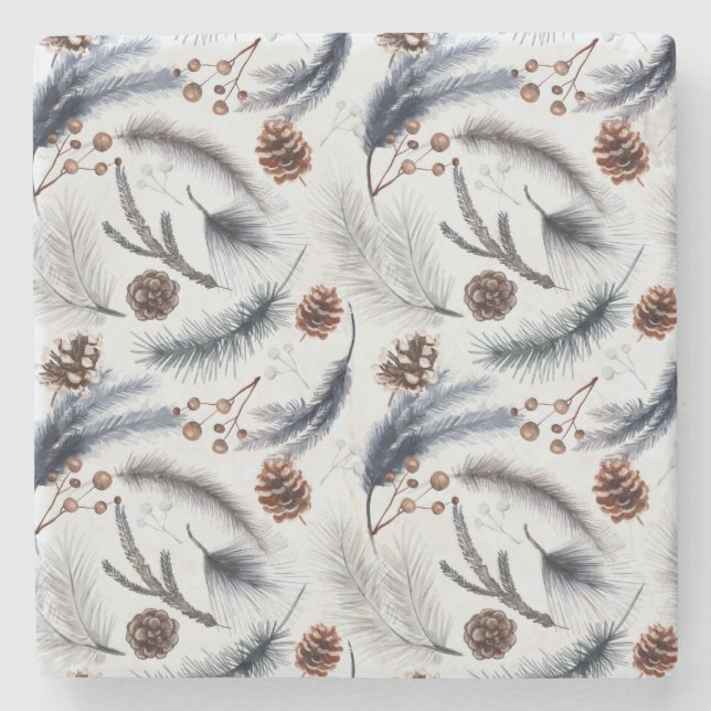 Pine Cones & Pine Needles Weihnachtsmuster Steinuntersetzer (Vorderseite)