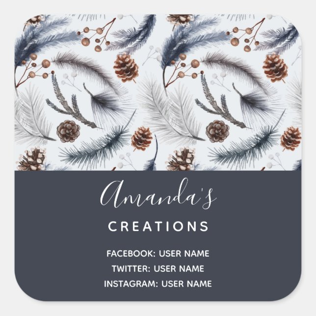Pine Cones & Pine Needles Winter Patterns Business Quadratischer Aufkleber (Vorderseite)
