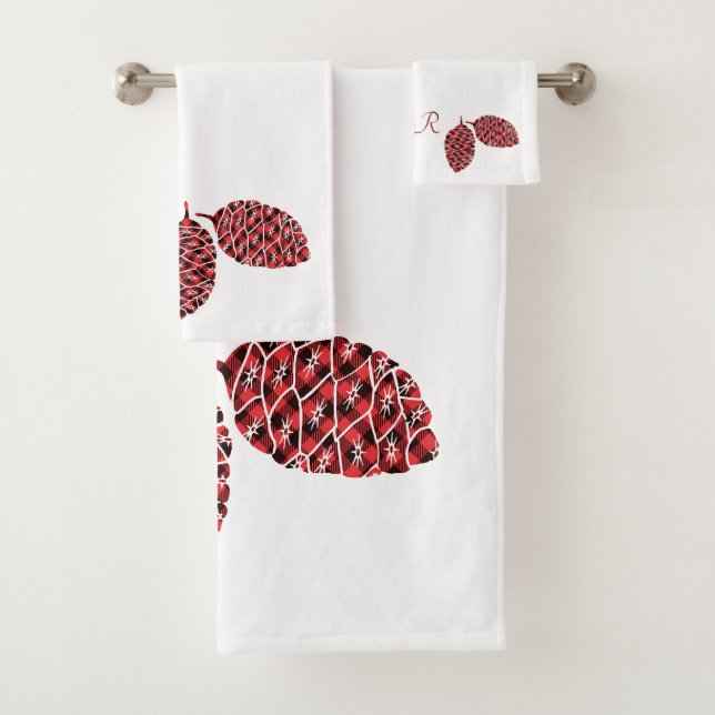 Pine Cones Red und Black Buffalo Kariert Badhandtuch Set (Insitu)