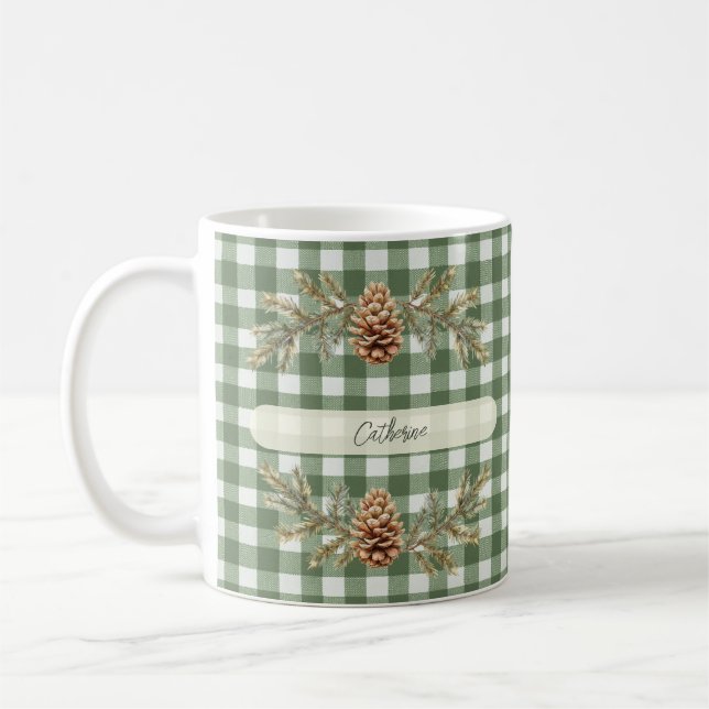 Pine Cones und Branches Personalisiert Gingham Kaffeetasse (Links)