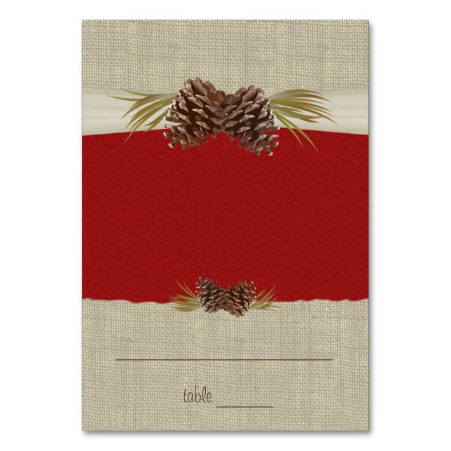 Pine Cones und Burlap Red Seating Card Tischnummer (Vorderseite)