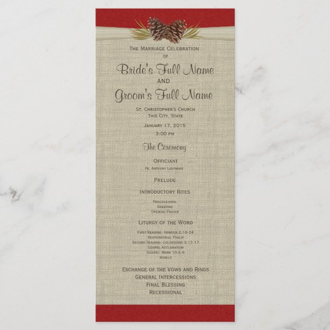 Pine Cones und Burlap Red Wedding Programm (Vorderseite)