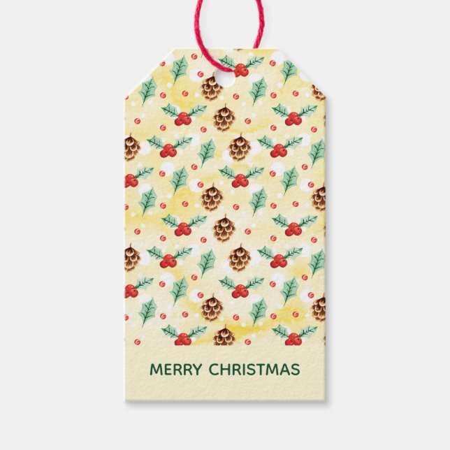 Pine Cones und Holly Christmas Pattern Geschenkanhänger (Vorderseite)
