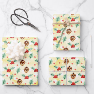 Pine Cones und Holly Christmas Pattern Geschenkpapier Set