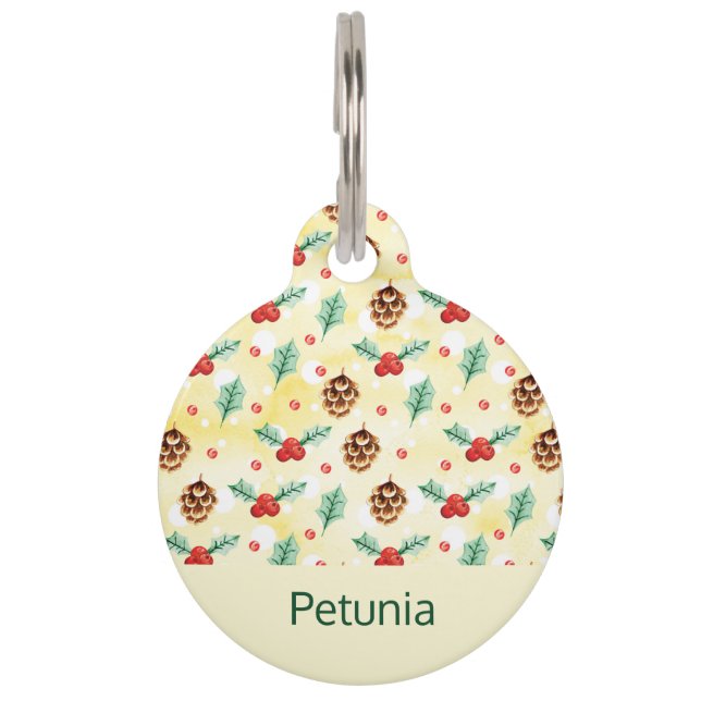 Pine Cones und Holly Christmas Pattern Haustiermarke (Vorderseite)