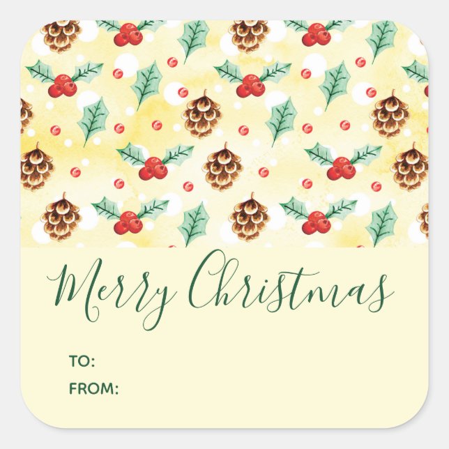 Pine Cones und Holly Christmas Pattern Quadratischer Aufkleber (Vorderseite)
