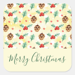 Pine Cones und Holly Christmas Pattern Quadratischer Aufkleber