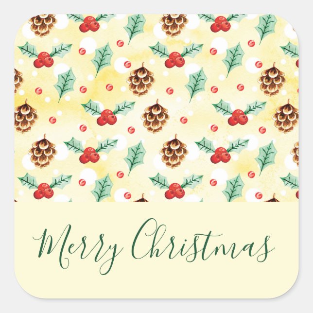 Pine Cones und Holly Christmas Pattern Quadratischer Aufkleber (Vorderseite)