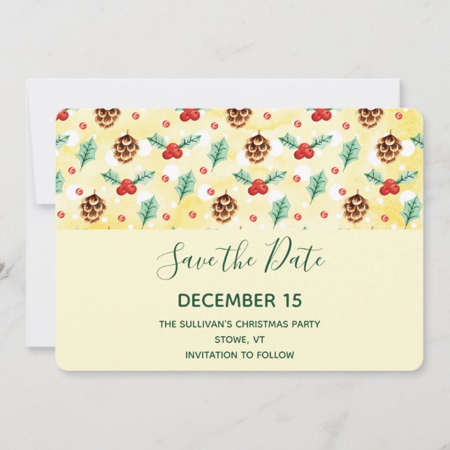 Pine Cones und Holly Christmas Pattern Save The Date (Vorderseite)