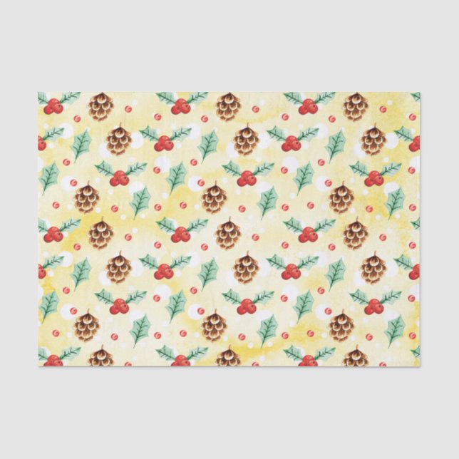 Pine Cones und Holly Christmas Pattern Seidenpapier (Vorderseite)