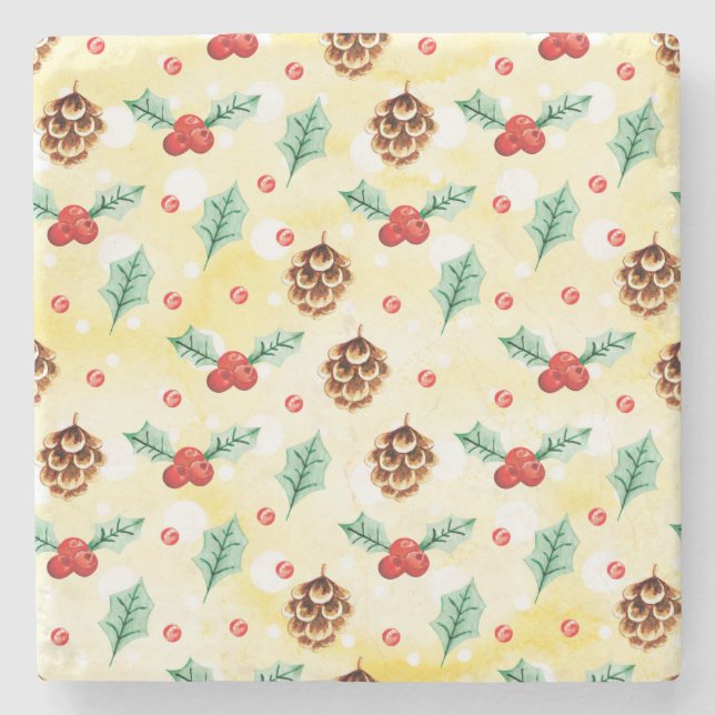 Pine Cones und Holly Christmas Pattern Steinuntersetzer (Vorderseite)