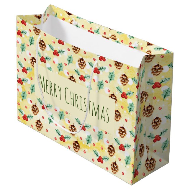 Pine Cones und Holly Pattern Frohe Weihnachten Große Geschenktüte (Vorderseite Schrägansicht)