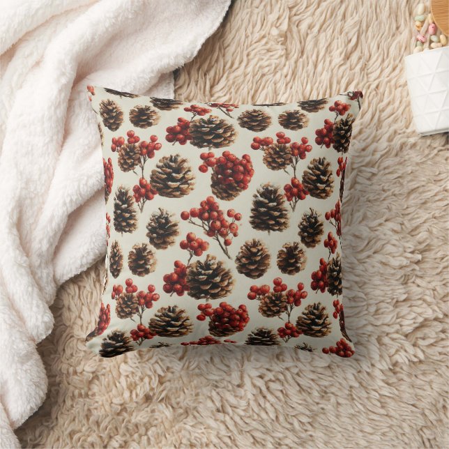 Pine Cones und Red Berries Wintermuster Kissen (Decke)