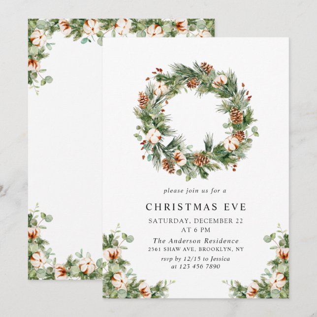 Pine Cones Wreath Holiday CHRISTMAS EVE Party Einladung (Vorne/Hinten)