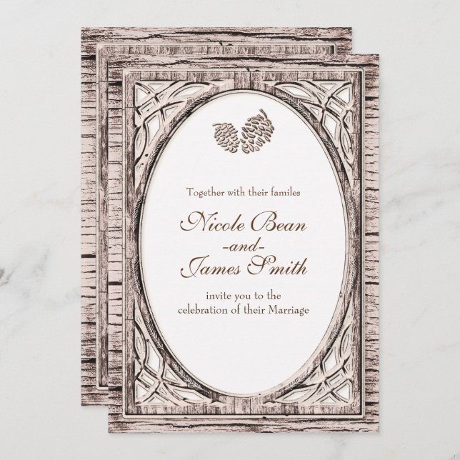 Pine de pin rustique Conne blanc Bois Invitations (Devant / Derrière)
