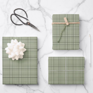 Pine Deer Kariert - Salbei, grüner Tartan. Geschenkpapier Set
