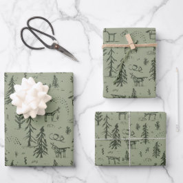 Pine Deer Lake Life - Salbei, grünes Waldmuster. Geschenkpapier Set
