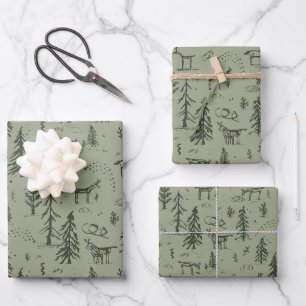 Pine Deer Lake Life - salbeigrünes Waldmuster. Geschenkpapier Set