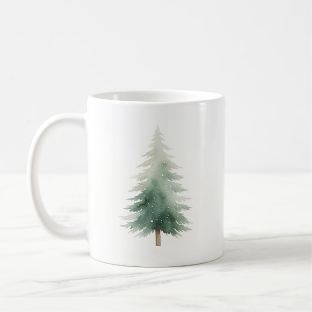 Pine d'hiver Arbre de Noël Aquarelle Café Mug (Gauche)